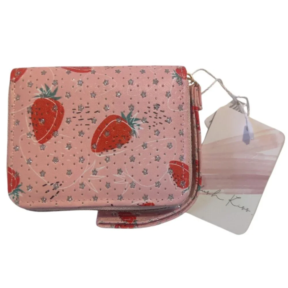 Blush Kiss Small Wristlet Wallet with Strawberries and Silver Stars NWT